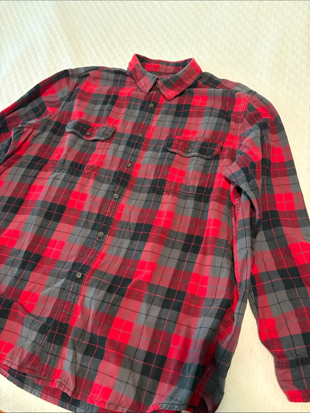 Faded Glory Red, Black and Gray Plaid Button-Down Shirt